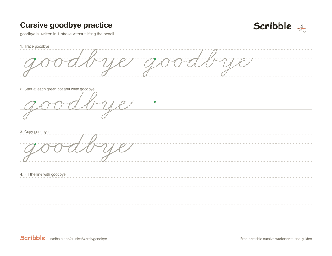 Preview of the printable goodbye in cursive worksheet: trace, copy, and practice rows