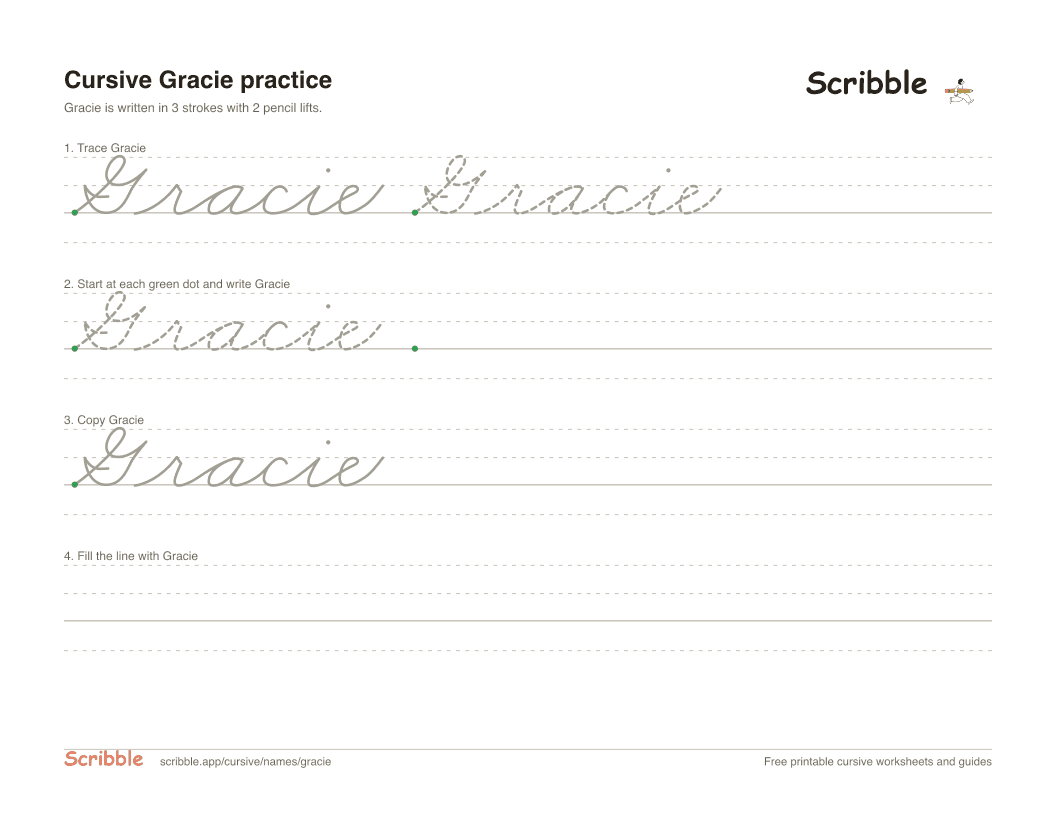 Preview of the printable Gracie in cursive worksheet: trace, copy, and practice rows