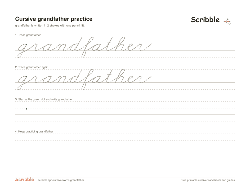 Preview of the printable grandfather in cursive worksheet: trace, copy, and practice rows