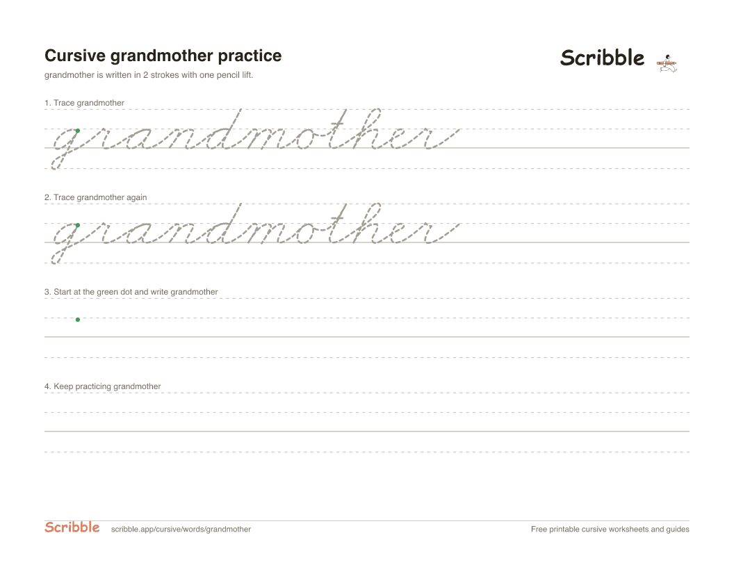 Preview of the printable grandmother in cursive worksheet: trace, copy, and practice rows