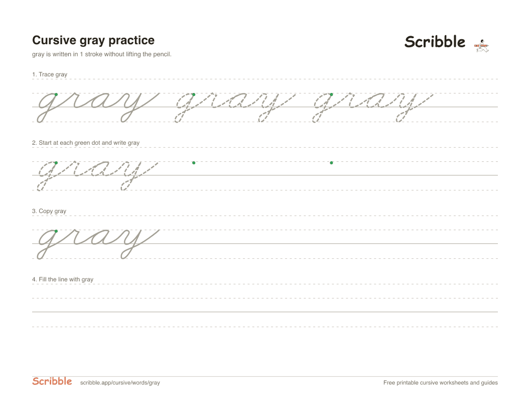 Preview of the printable gray in cursive worksheet: trace, copy, and practice rows