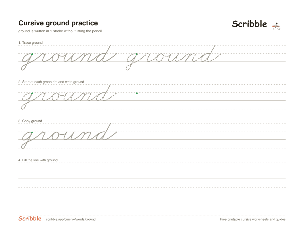 Preview of the printable ground in cursive worksheet: trace, copy, and practice rows