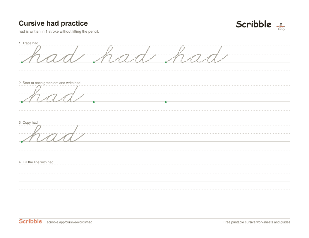 Preview of the printable had in cursive worksheet: trace, copy, and practice rows