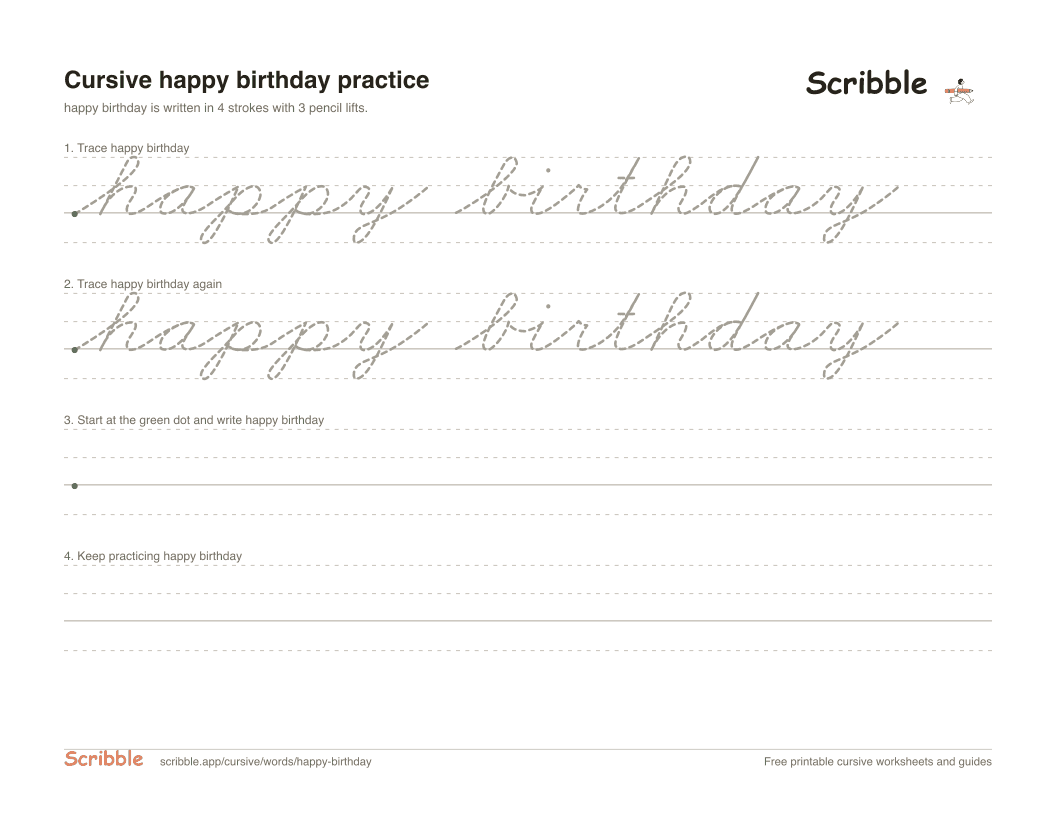 Preview of the printable happy birthday in cursive worksheet: trace, copy, and practice rows