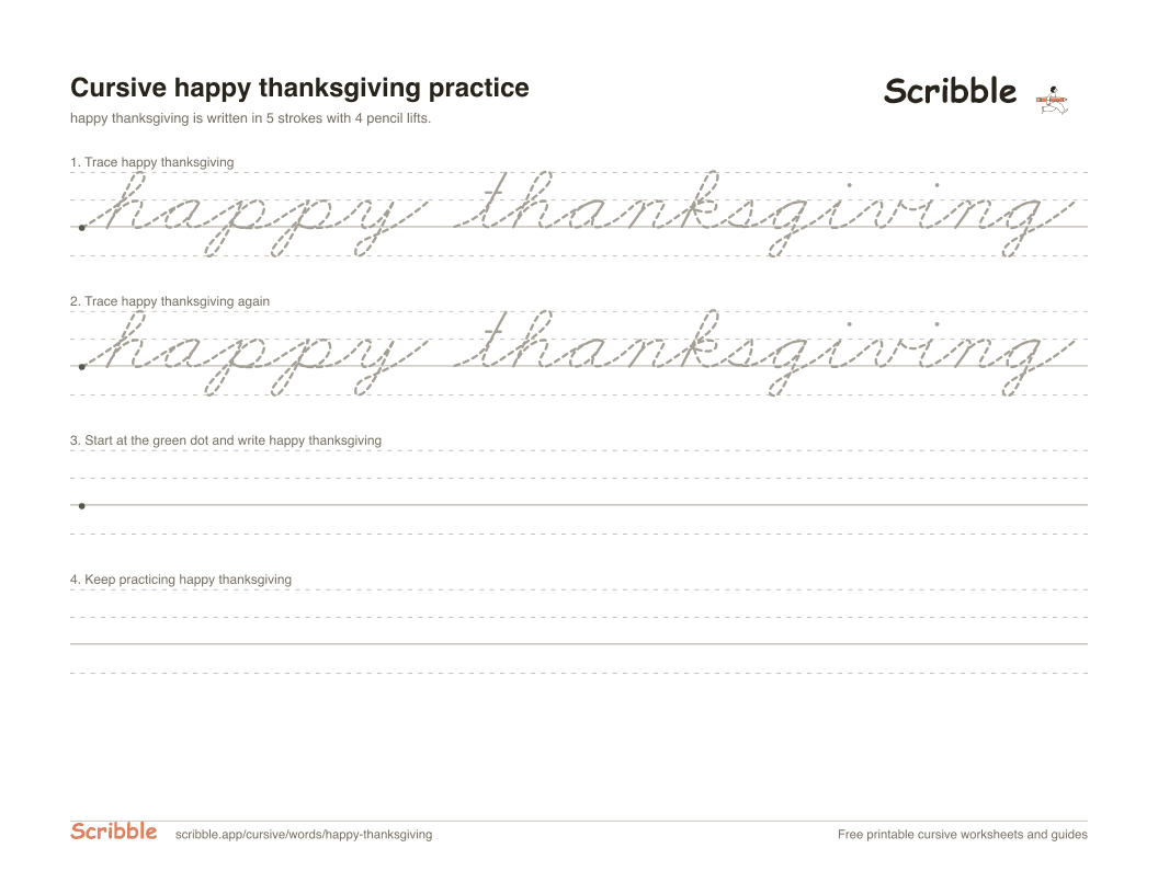 Preview of the printable happy thanksgiving in cursive worksheet: trace, copy, and practice rows