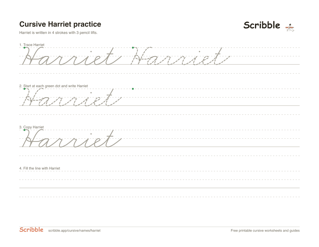 Preview of the printable Harriet in cursive worksheet: trace, copy, and practice rows