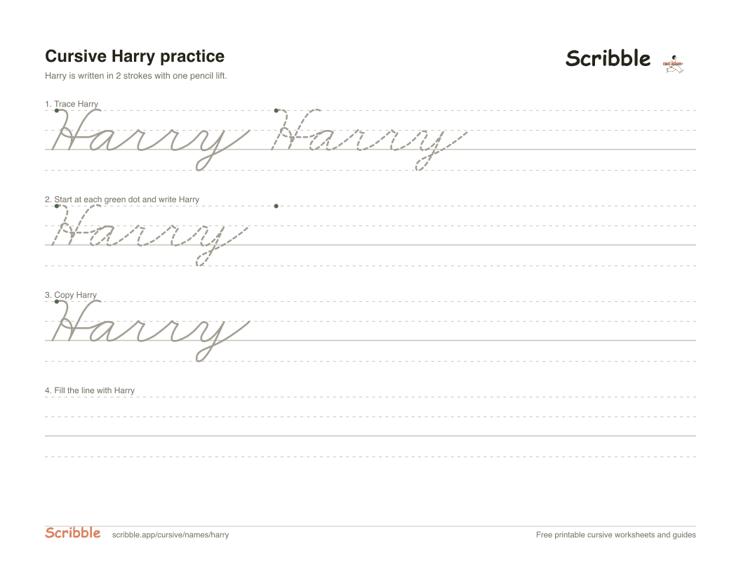 Preview of the printable Harry in cursive worksheet: trace, copy, and practice rows