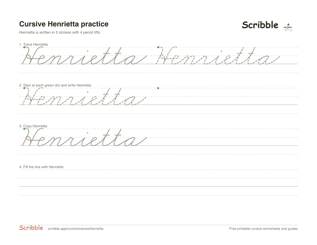 Preview of the printable Henrietta in cursive worksheet: trace, copy, and practice rows