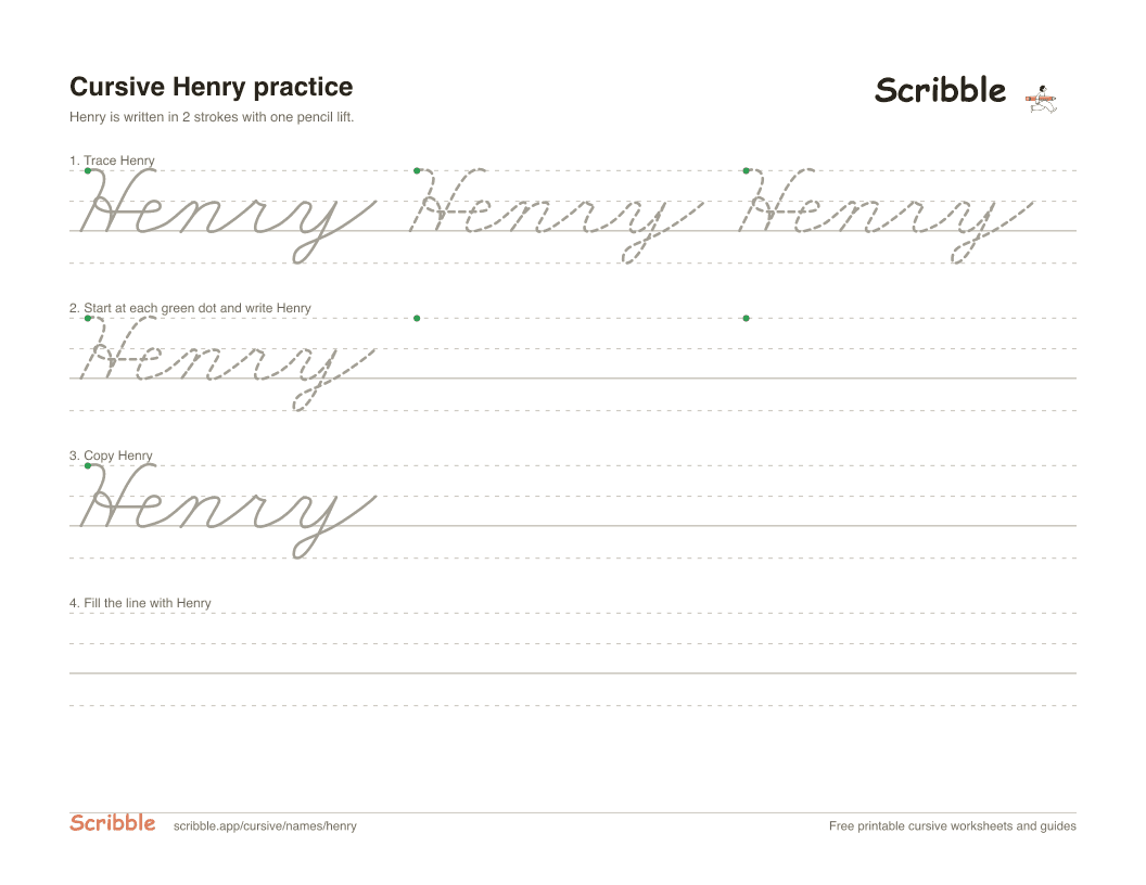 Preview of the printable Henry in cursive worksheet: trace, copy, and practice rows