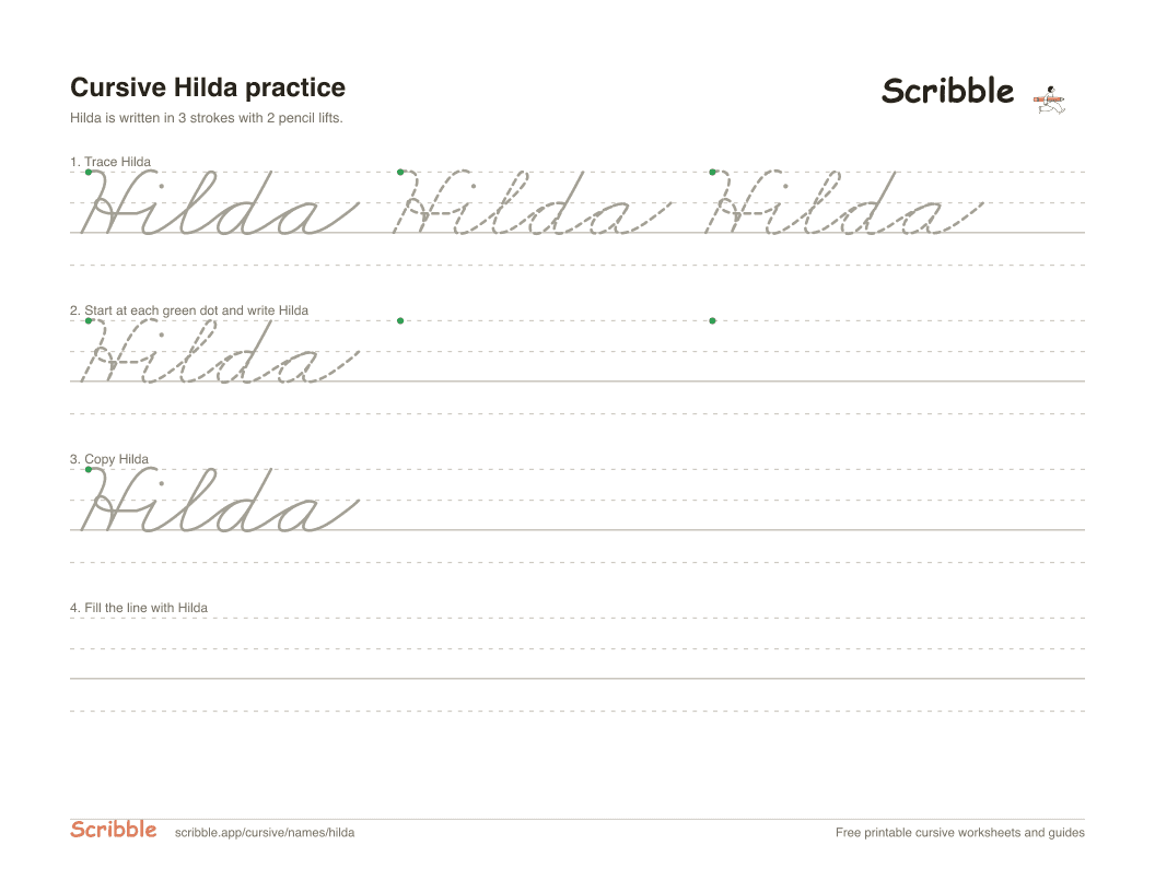 Preview of the printable Hilda in cursive worksheet: trace, copy, and practice rows