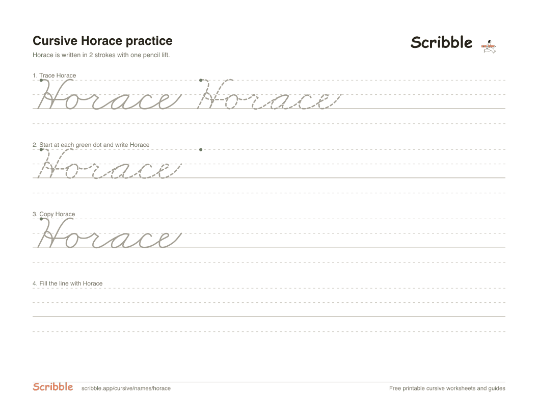 Preview of the printable Horace in cursive worksheet: trace, copy, and practice rows