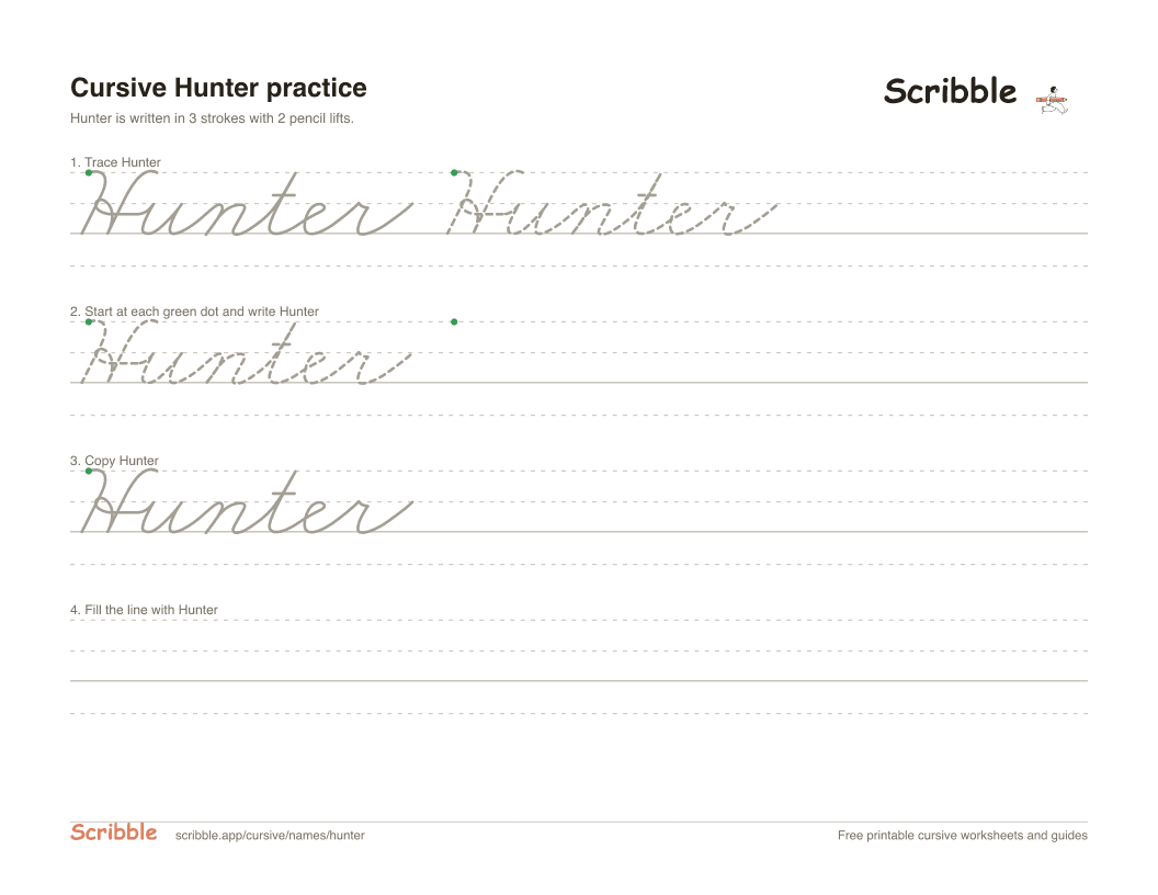 Preview of the printable Hunter in cursive worksheet: trace, copy, and practice rows