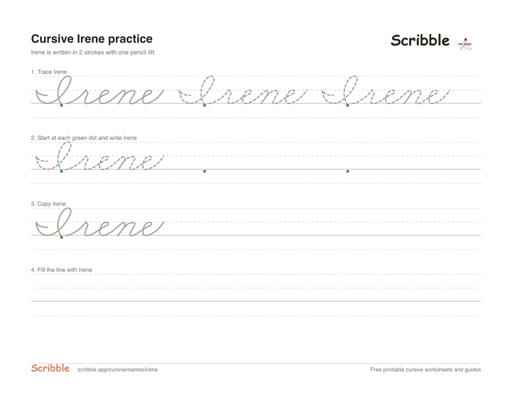 Preview of the printable Irene in cursive worksheet: trace, copy, and practice rows
