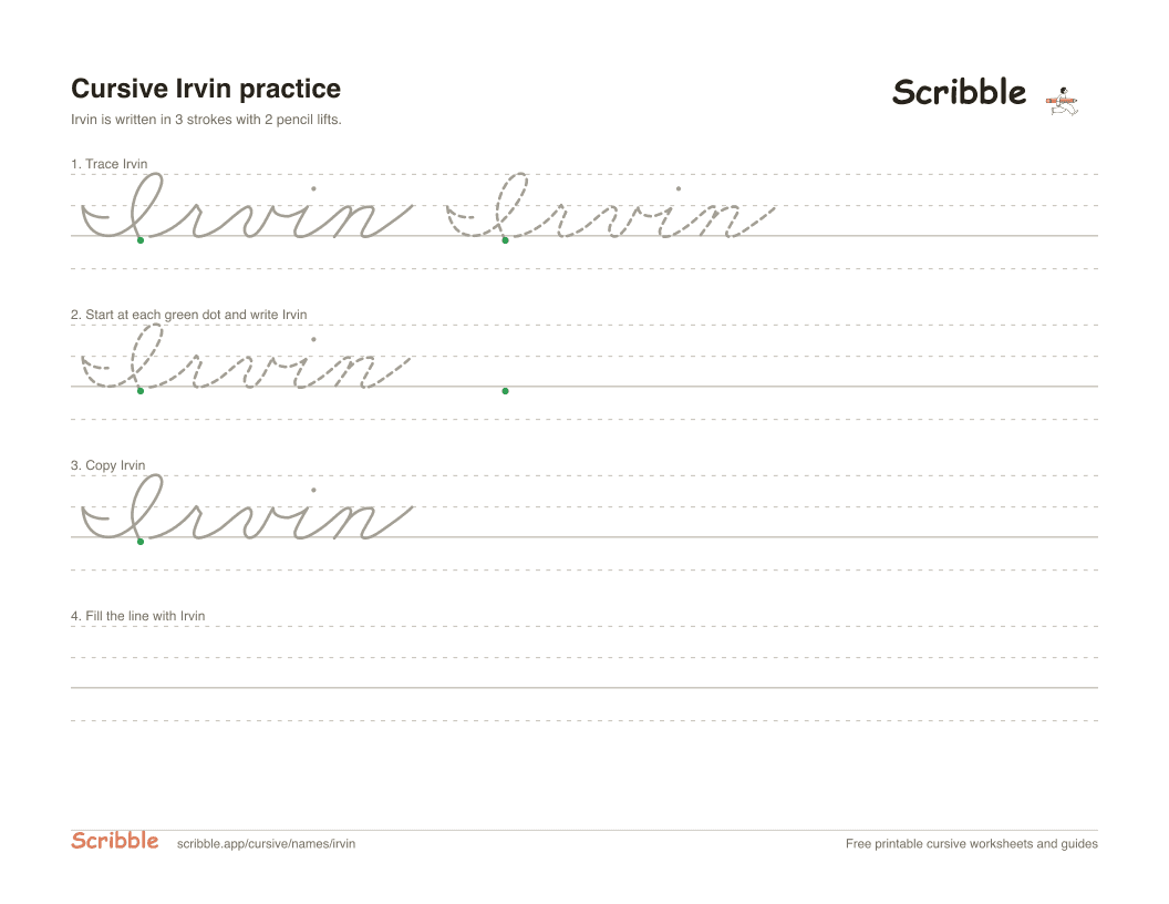 Preview of the printable Irvin in cursive worksheet: trace, copy, and practice rows
