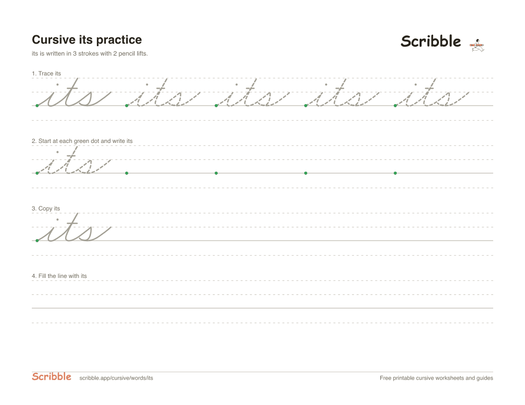 Preview of the printable its in cursive worksheet: trace, copy, and practice rows