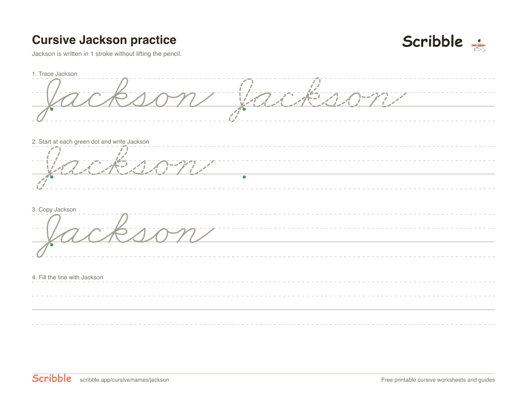 Preview of the printable Jackson in cursive worksheet: trace, copy, and practice rows