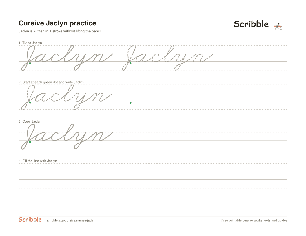 Preview of the printable Jaclyn in cursive worksheet: trace, copy, and practice rows