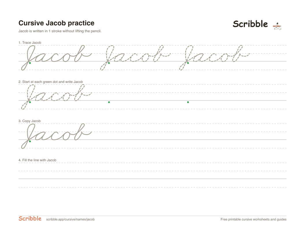 Preview of the printable Jacob in cursive worksheet: trace, copy, and practice rows