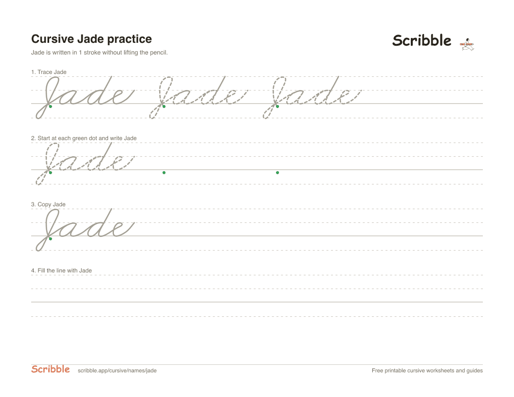 Preview of the printable Jade in cursive worksheet: trace, copy, and practice rows