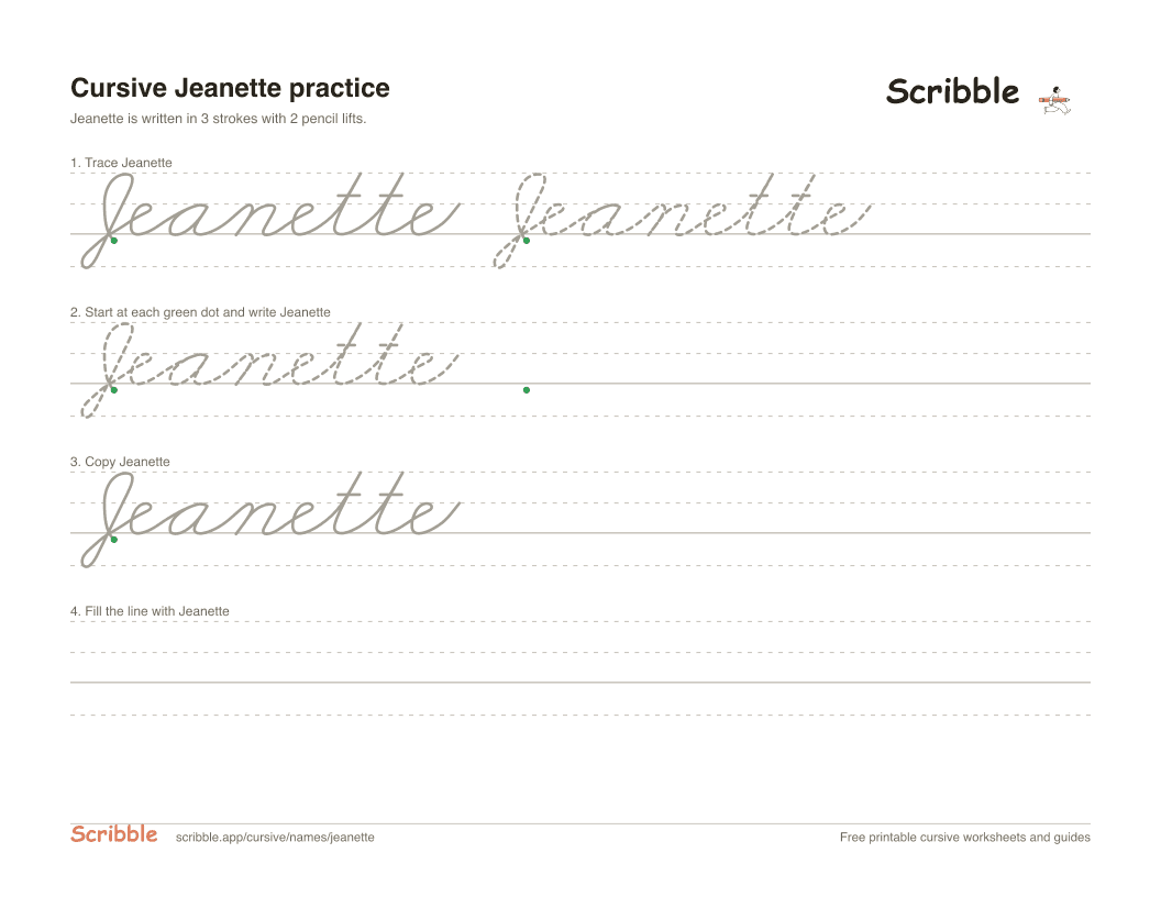 Preview of the printable Jeanette in cursive worksheet: trace, copy, and practice rows