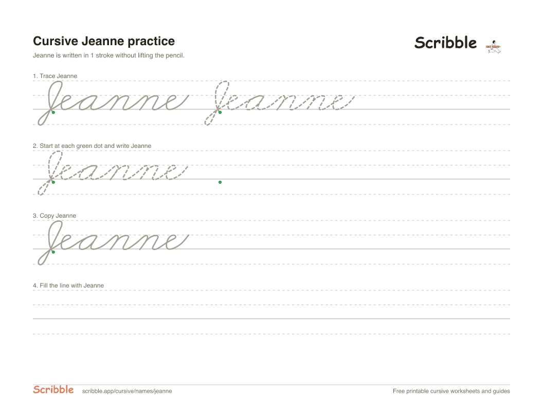 Preview of the printable Jeanne in cursive worksheet: trace, copy, and practice rows