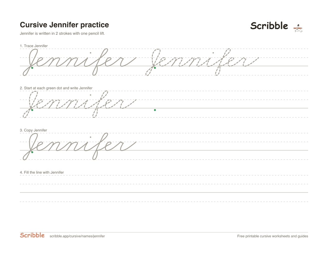 Preview of the printable Jennifer in cursive worksheet: trace, copy, and practice rows