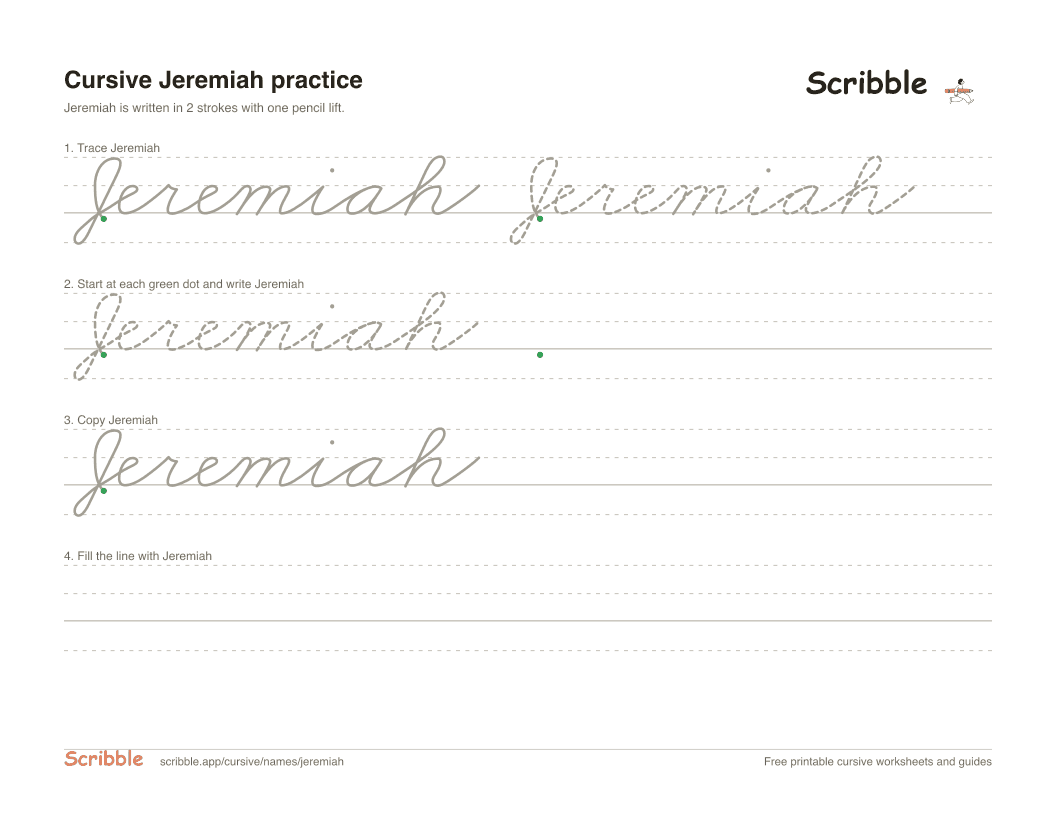 Preview of the printable Jeremiah in cursive worksheet: trace, copy, and practice rows