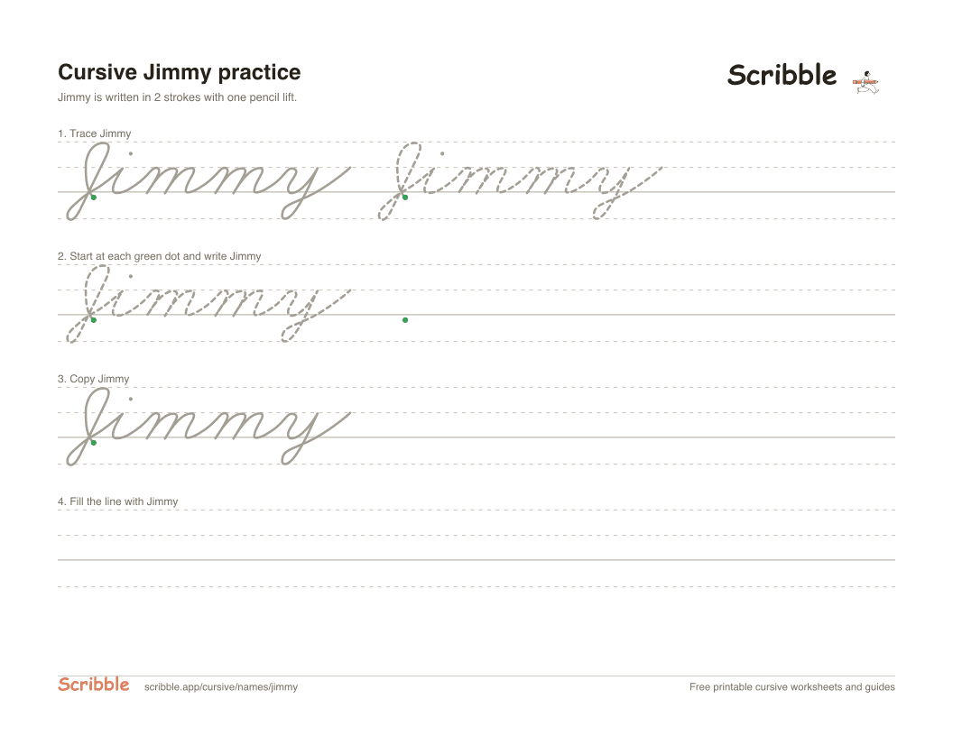 Preview of the printable Jimmy in cursive worksheet: trace, copy, and practice rows