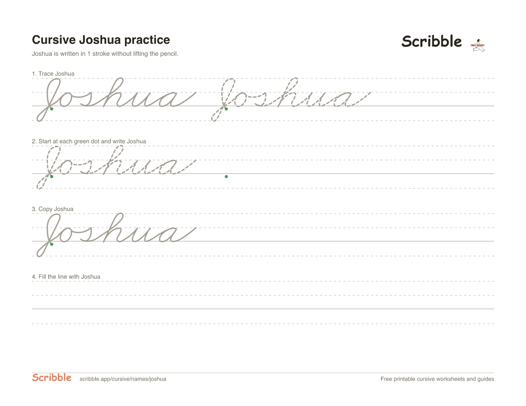 Preview of the printable Joshua in cursive worksheet: trace, copy, and practice rows