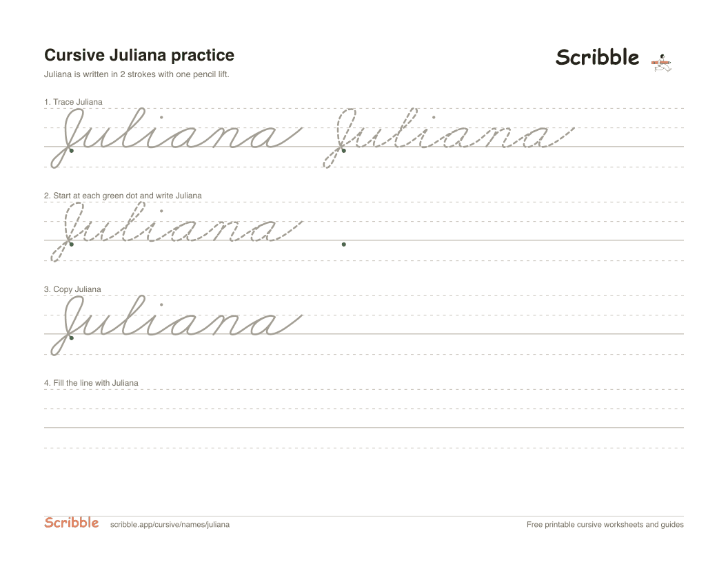Preview of the printable Juliana in cursive worksheet: trace, copy, and practice rows