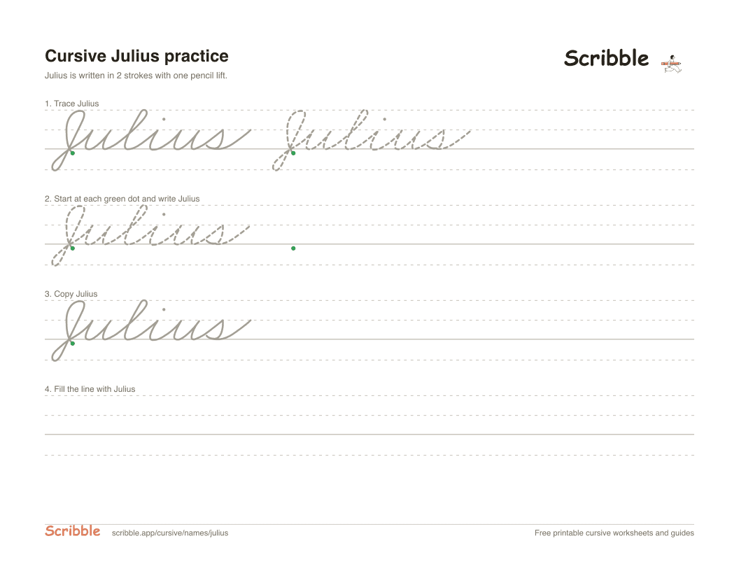 Preview of the printable Julius in cursive worksheet: trace, copy, and practice rows