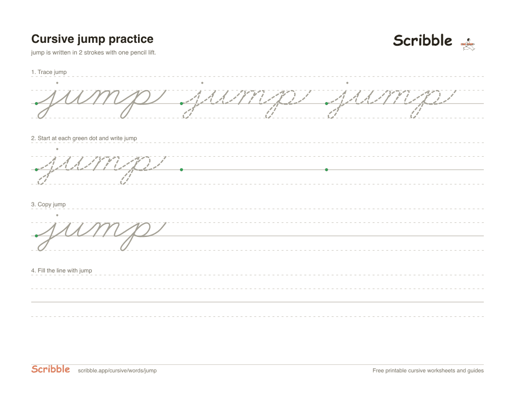 Preview of the printable jump in cursive worksheet: trace, copy, and practice rows