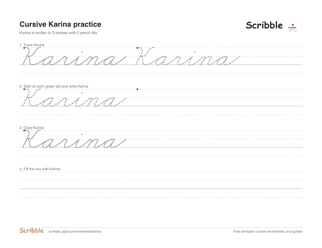 Preview of the printable Karina in cursive worksheet: trace, copy, and practice rows