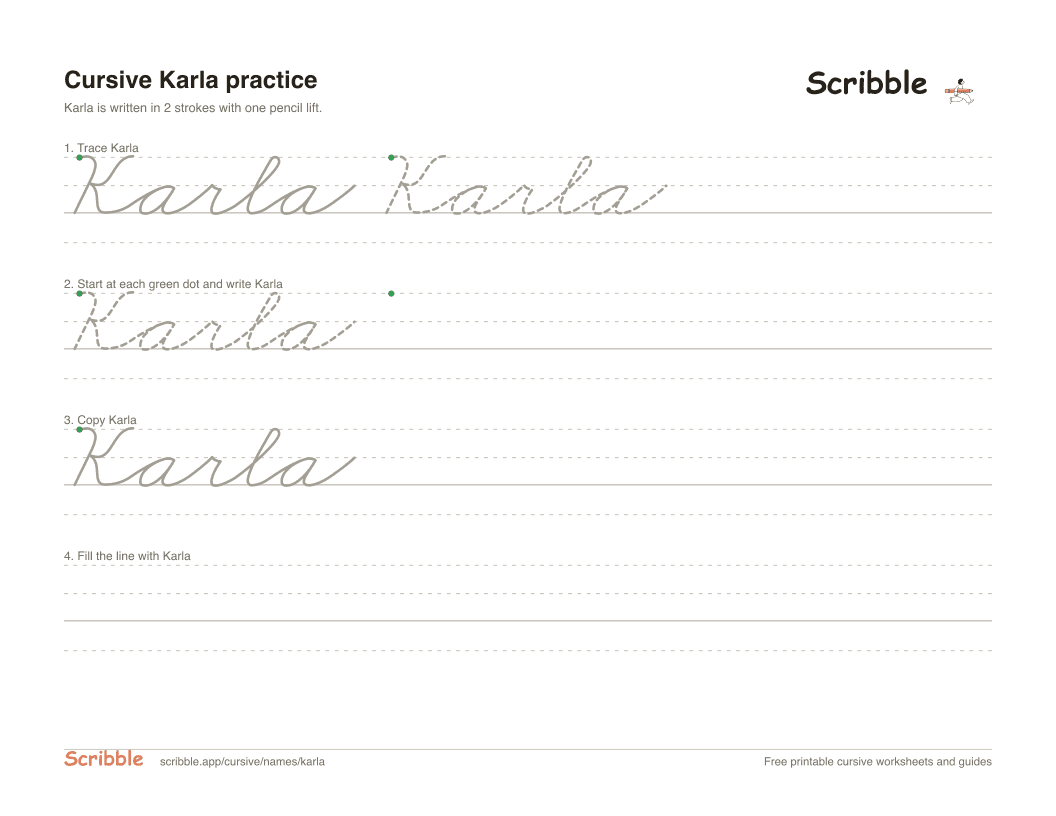 Preview of the printable Karla in cursive worksheet: trace, copy, and practice rows