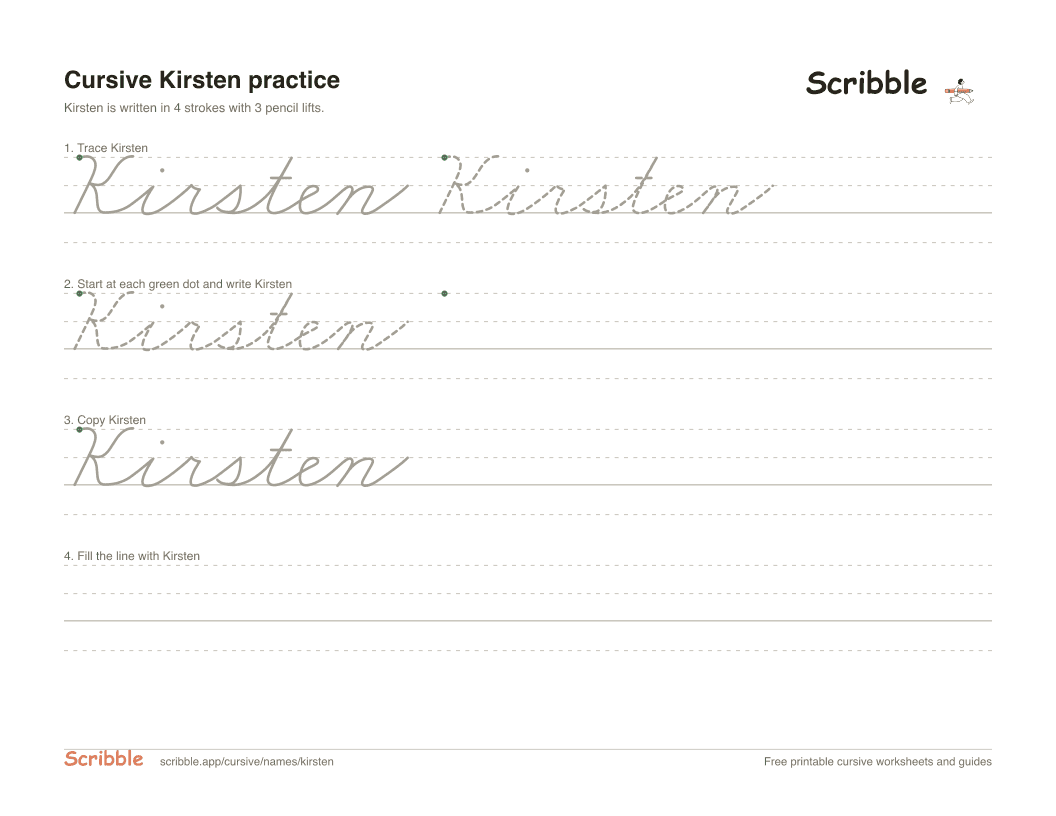 Preview of the printable Kirsten in cursive worksheet: trace, copy, and practice rows