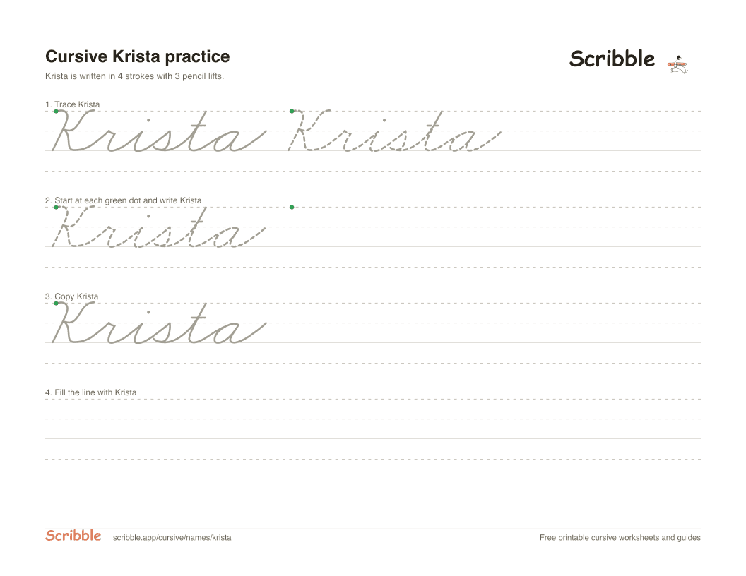 Preview of the printable Krista in cursive worksheet: trace, copy, and practice rows