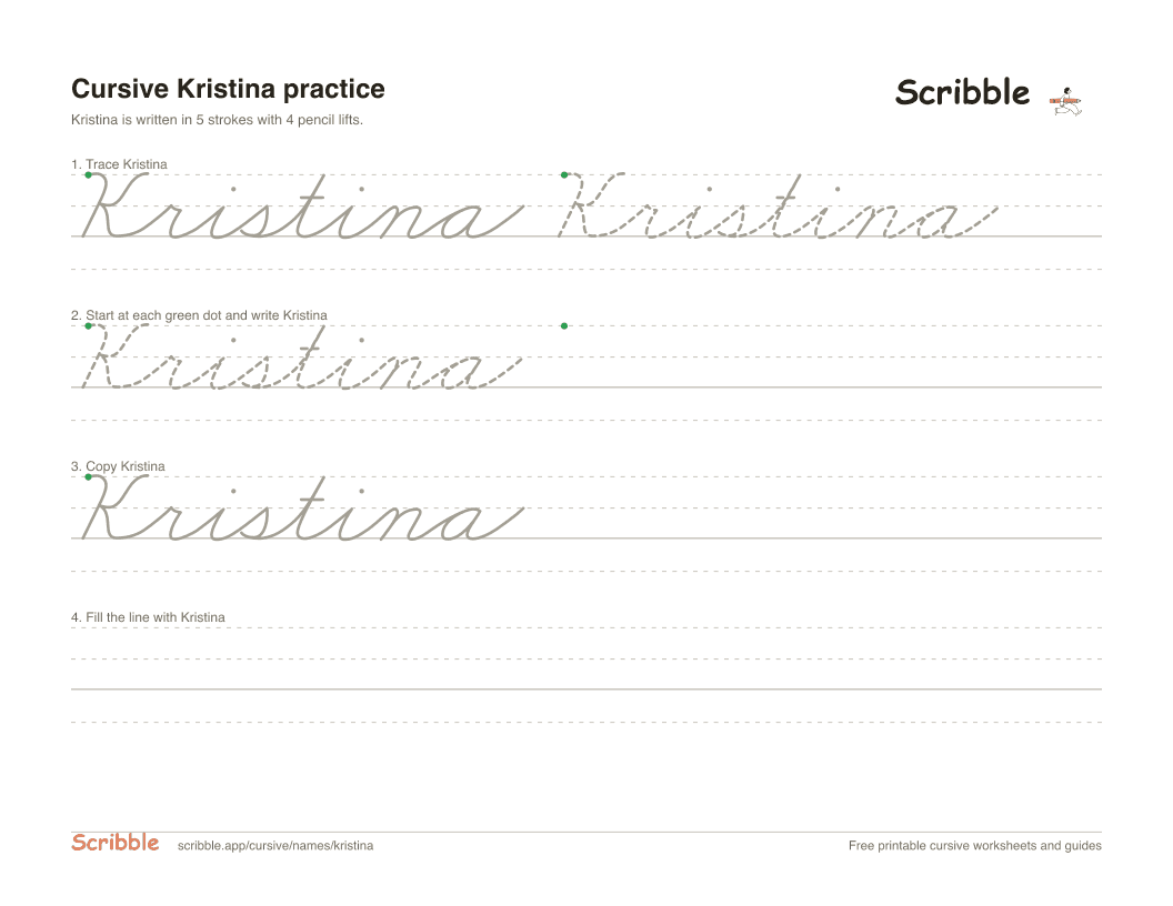 Preview of the printable Kristina in cursive worksheet: trace, copy, and practice rows