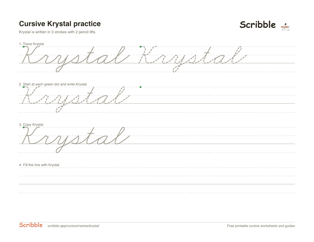 Preview of the printable Krystal in cursive worksheet: trace, copy, and practice rows