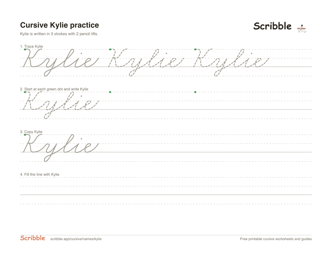 Preview of the printable Kylie in cursive worksheet: trace, copy, and practice rows