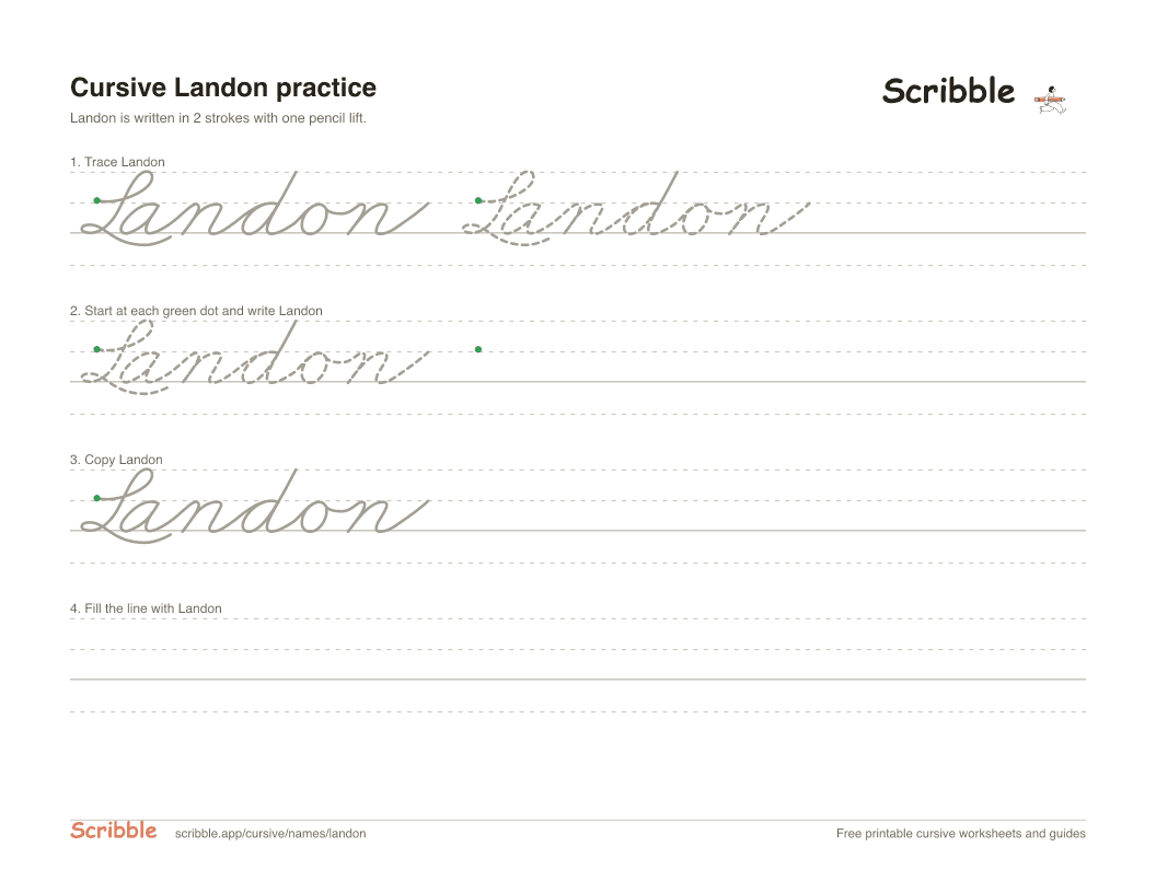 Preview of the printable Landon in cursive worksheet: trace, copy, and practice rows