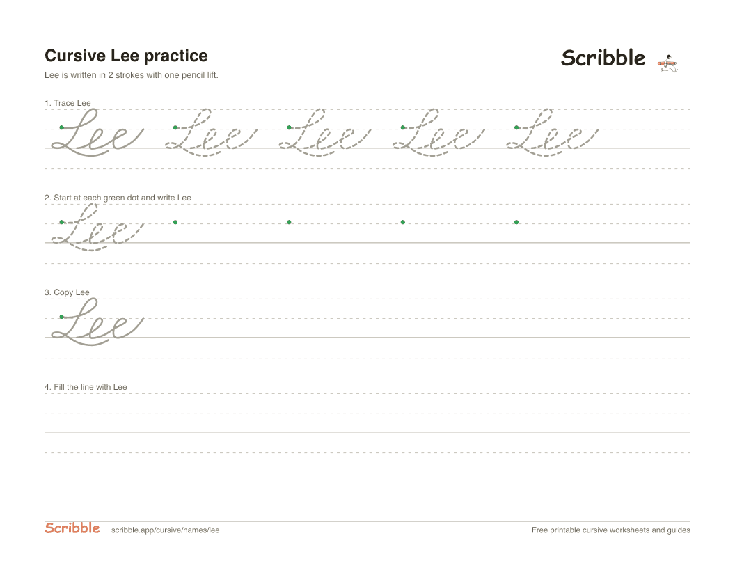 Preview of the printable Lee in cursive worksheet: trace, copy, and practice rows