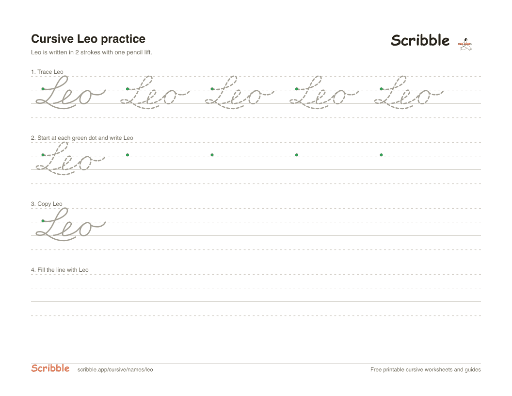 Preview of the printable Leo in cursive worksheet: trace, copy, and practice rows