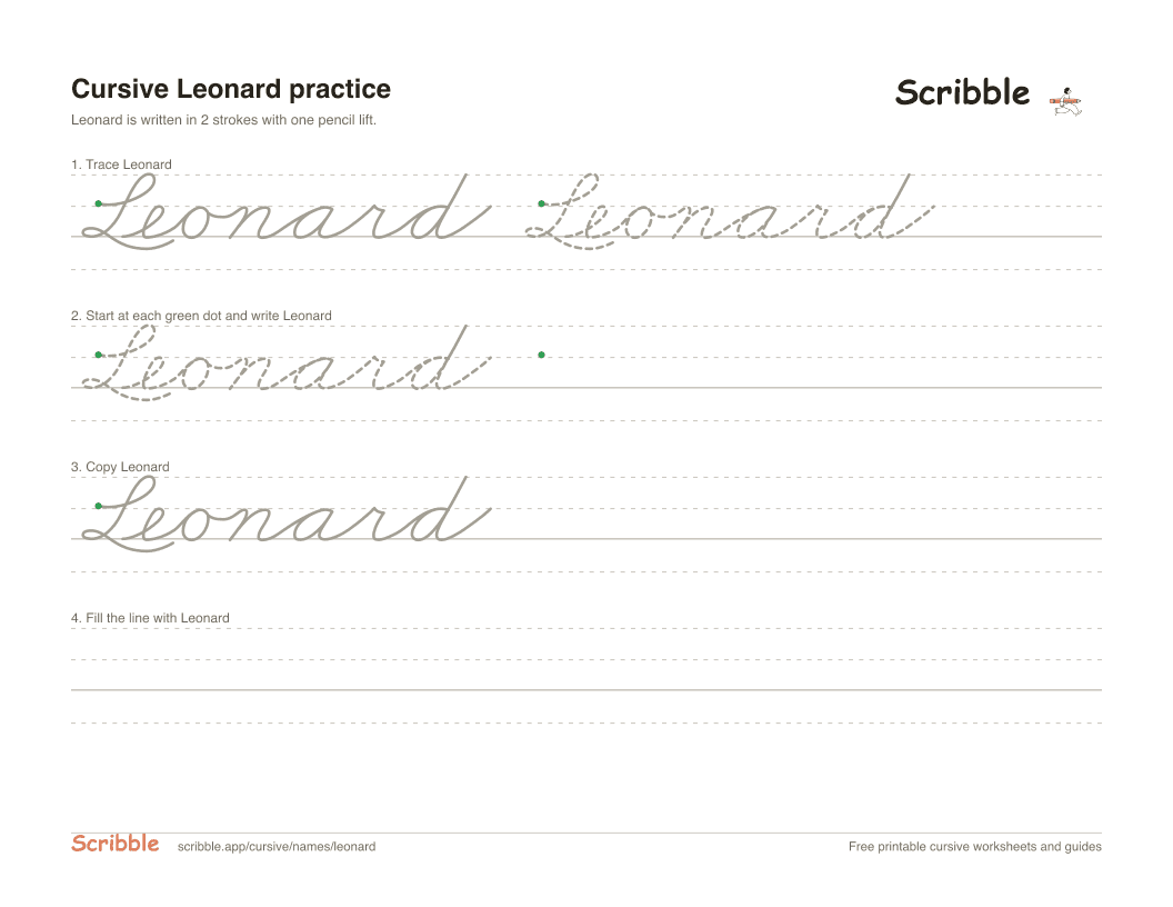 Preview of the printable Leonard in cursive worksheet: trace, copy, and practice rows