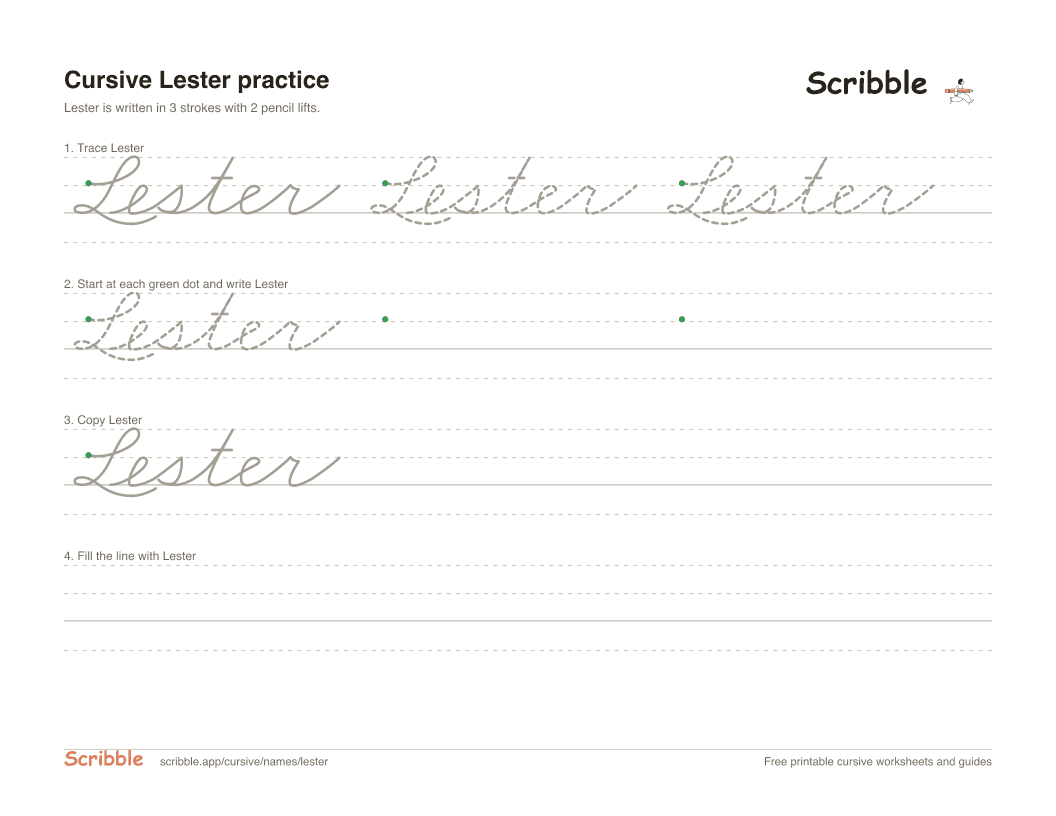 Preview of the printable Lester in cursive worksheet: trace, copy, and practice rows