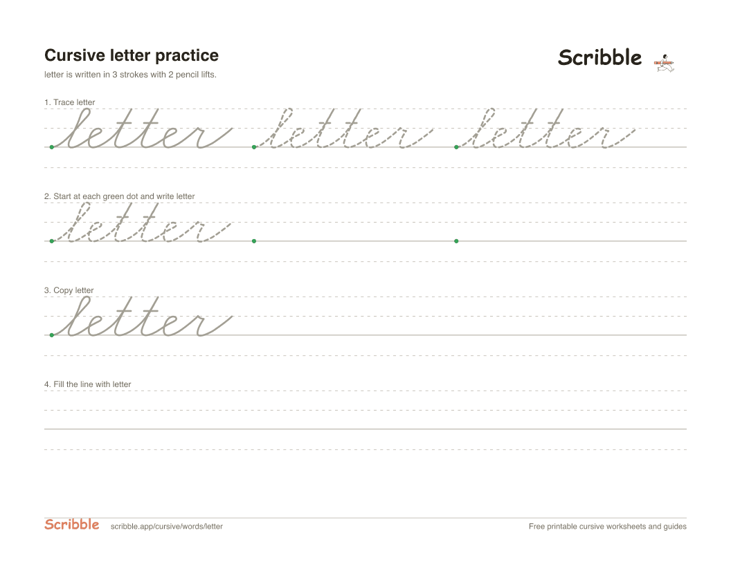 Preview of the printable letter in cursive worksheet: trace, copy, and practice rows