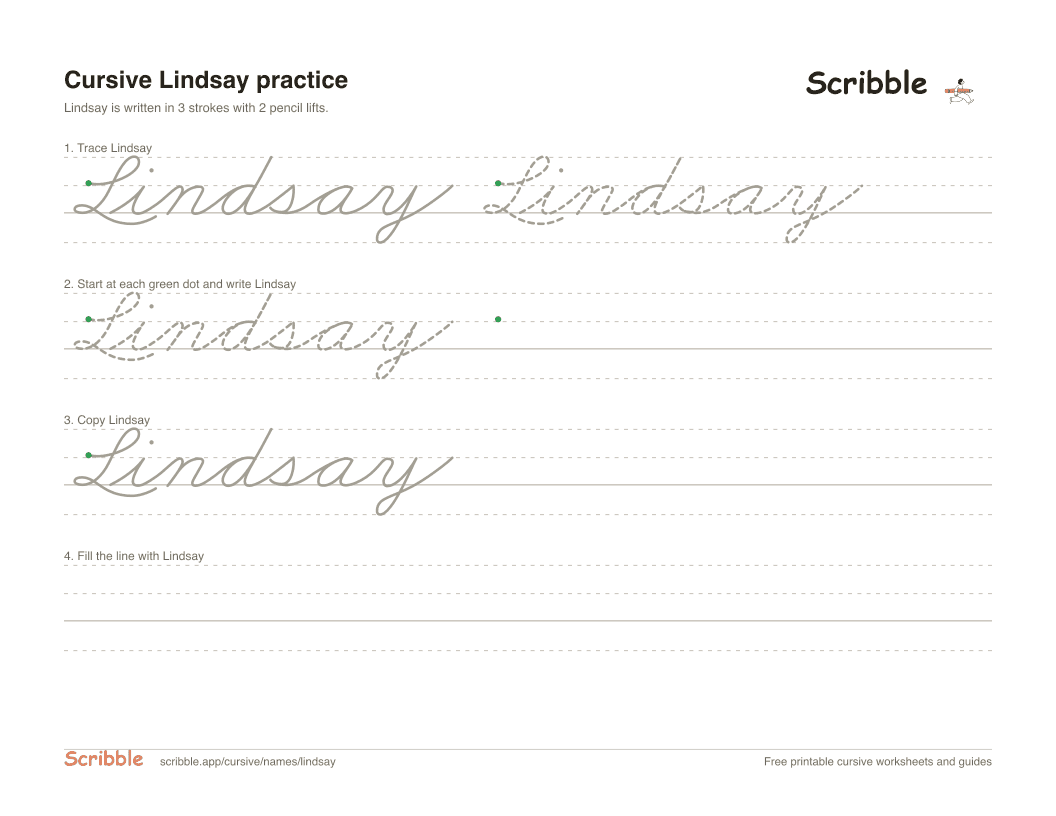 Preview of the printable Lindsay in cursive worksheet: trace, copy, and practice rows