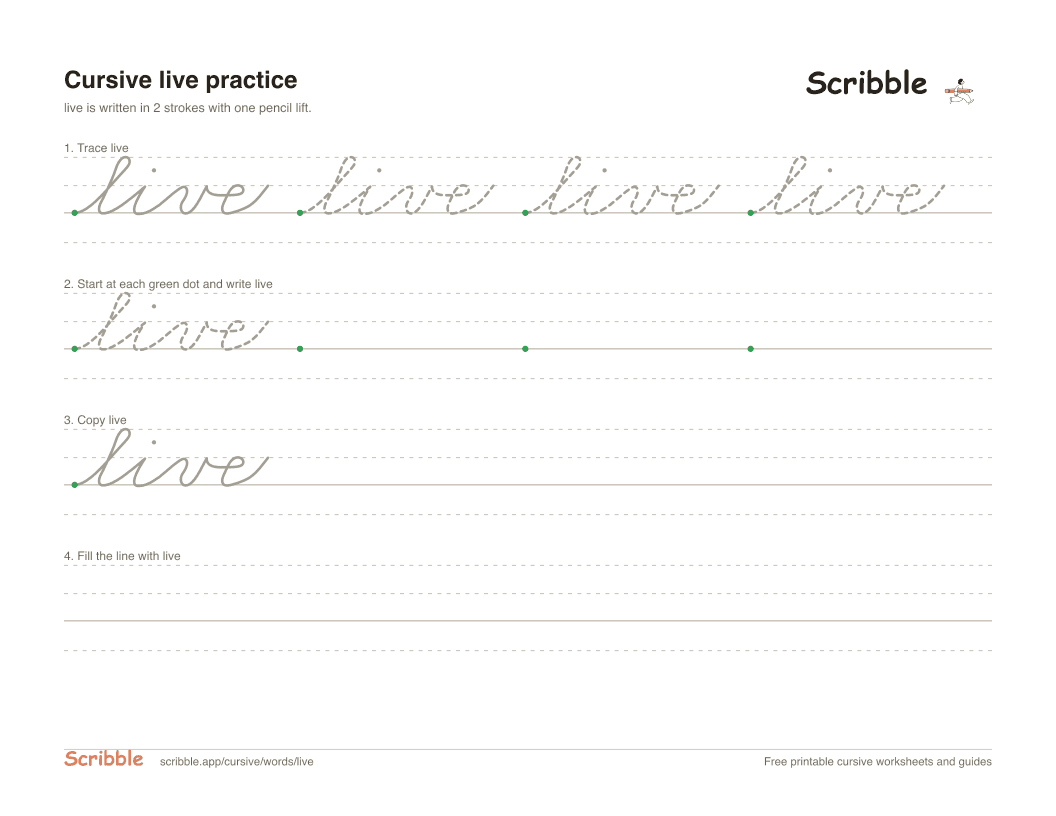Preview of the printable live in cursive worksheet: trace, copy, and practice rows