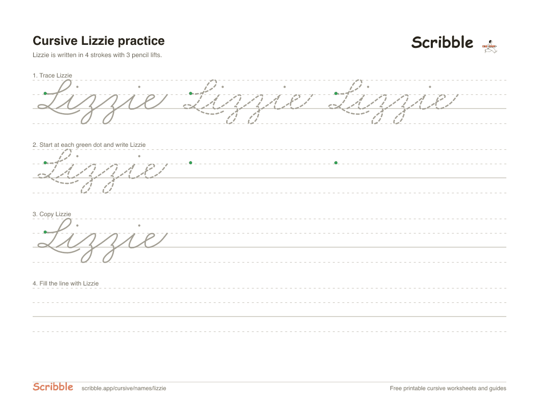 Preview of the printable Lizzie in cursive worksheet: trace, copy, and practice rows
