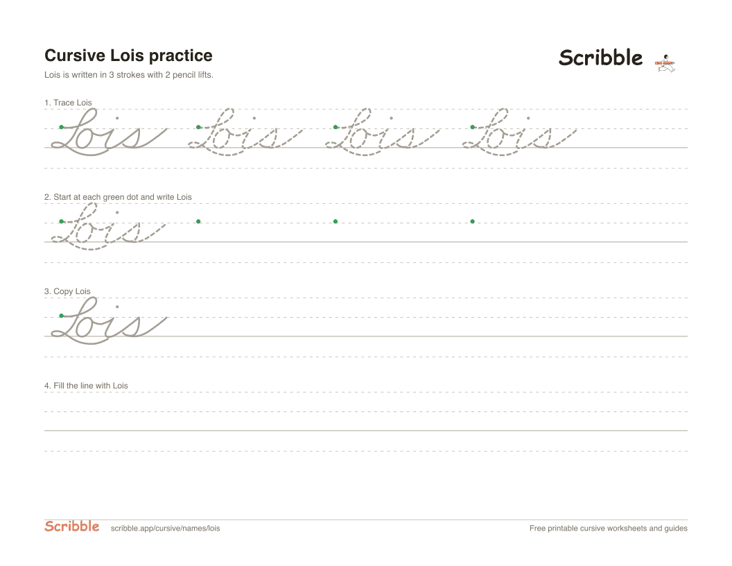 Preview of the printable Lois in cursive worksheet: trace, copy, and practice rows