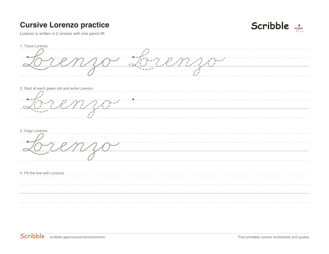 Preview of the printable Lorenzo in cursive worksheet: trace, copy, and practice rows